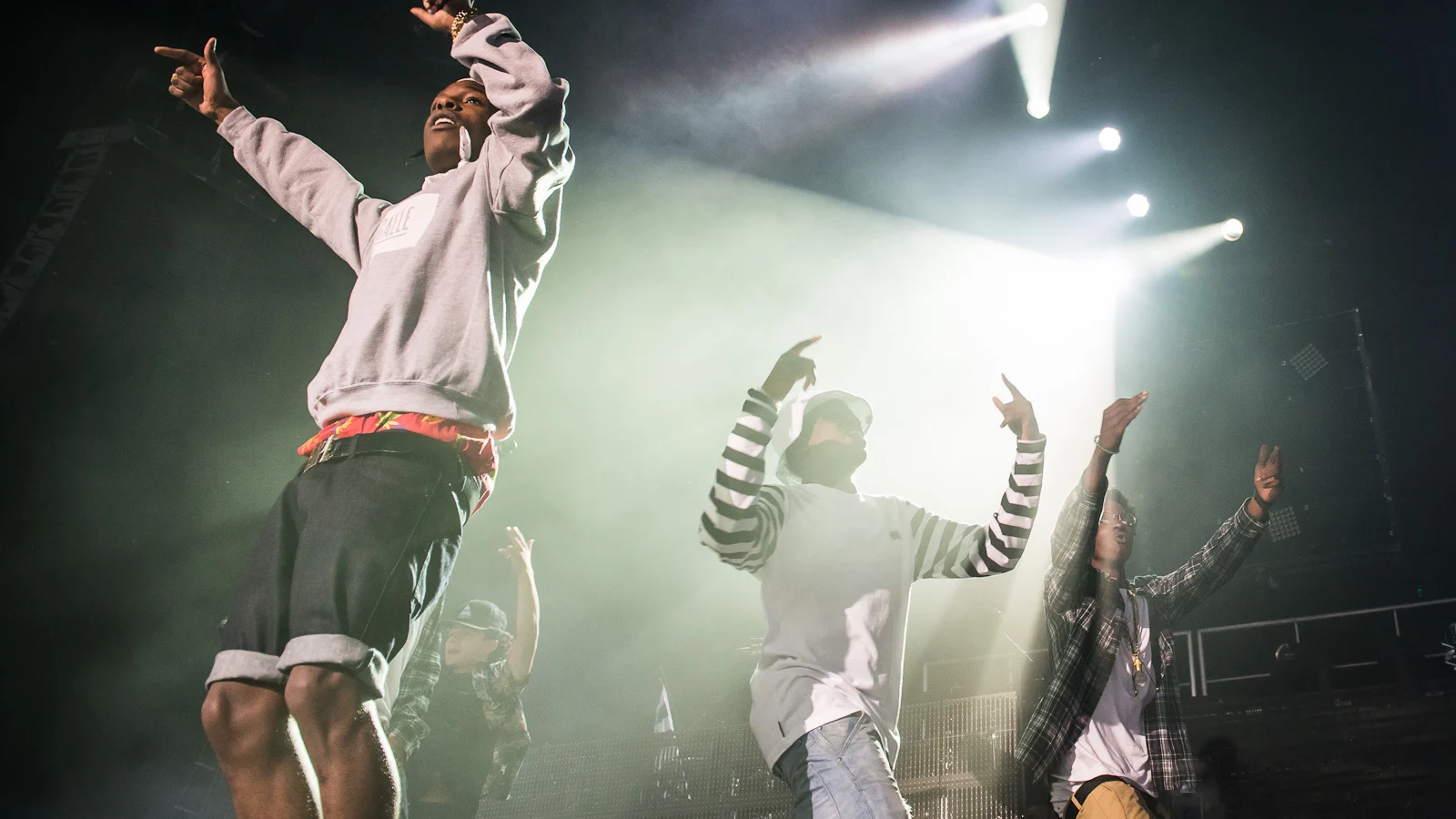 Pro Era Members Nyck Caution, Kirk Knight, and Joey Bada$$ alongside rapper A$AP Rocky at the Under the Influence Tour show in Toronto Canada (August 10, 2013)