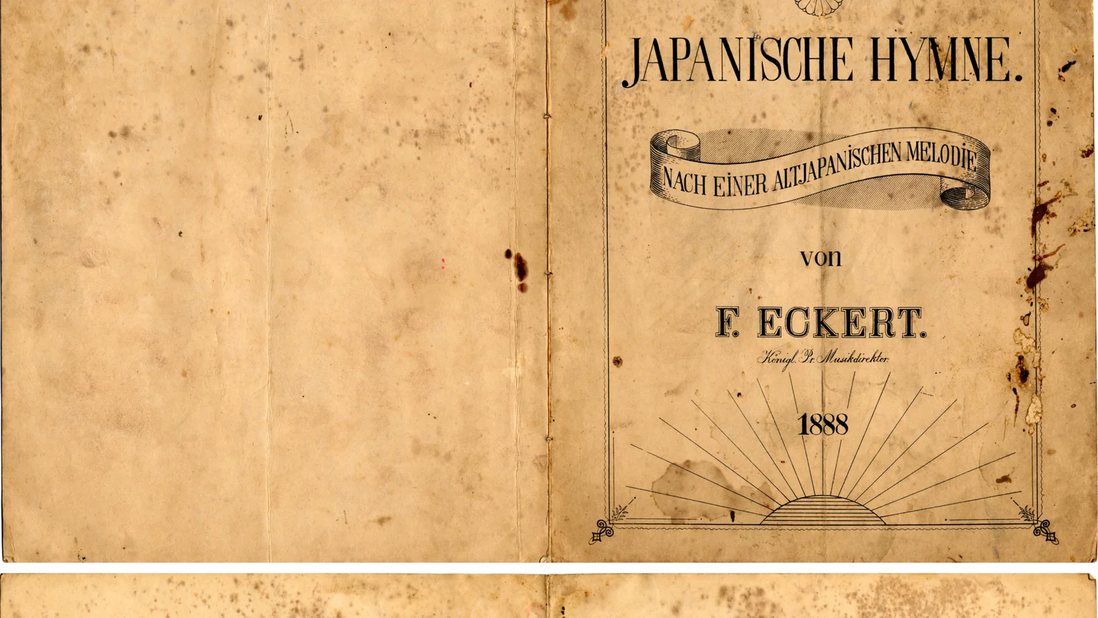 Kimigayo, national anthem of Japan. Music by Yoshiisa Oku and Akimori Hayashi (arranged by Franz Eckert, 1880). It is certain that the second national anthem was completed on October 26, 1880, because Eckert's autographed sheet music curren