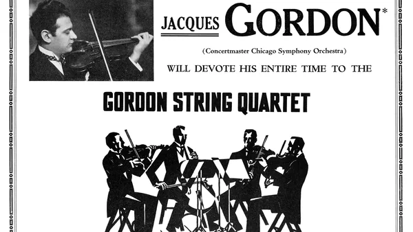 Print advertisement from Musical America magazine announcing that the Gordon String Quartet was accepting bookings for the 1930–1931 season, and that violinist Jacques Gordon would be devoting all of his time to the chamber ensemble. Gordon