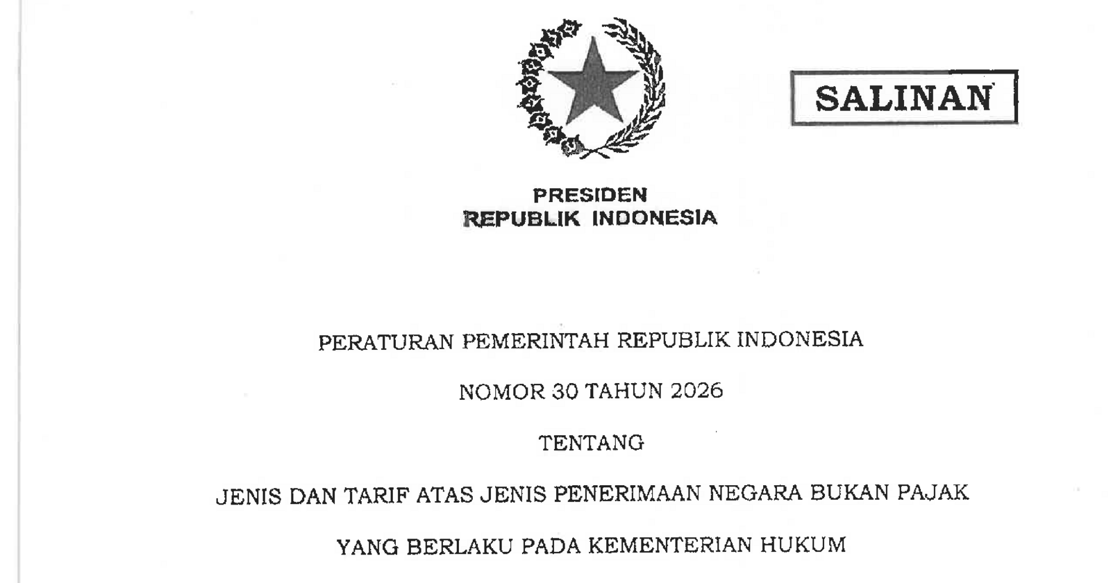 Title page of Indonesia’s 2026 Government Regulation No. 30 on Ministry of Law tariff categories.
