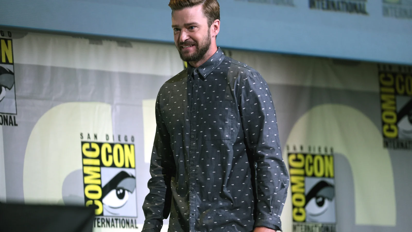 Justin Timberlake speaking at the 2016 San Diego Comic Con International, for "Trolls", at the San Diego Convention Center in San Diego, California.