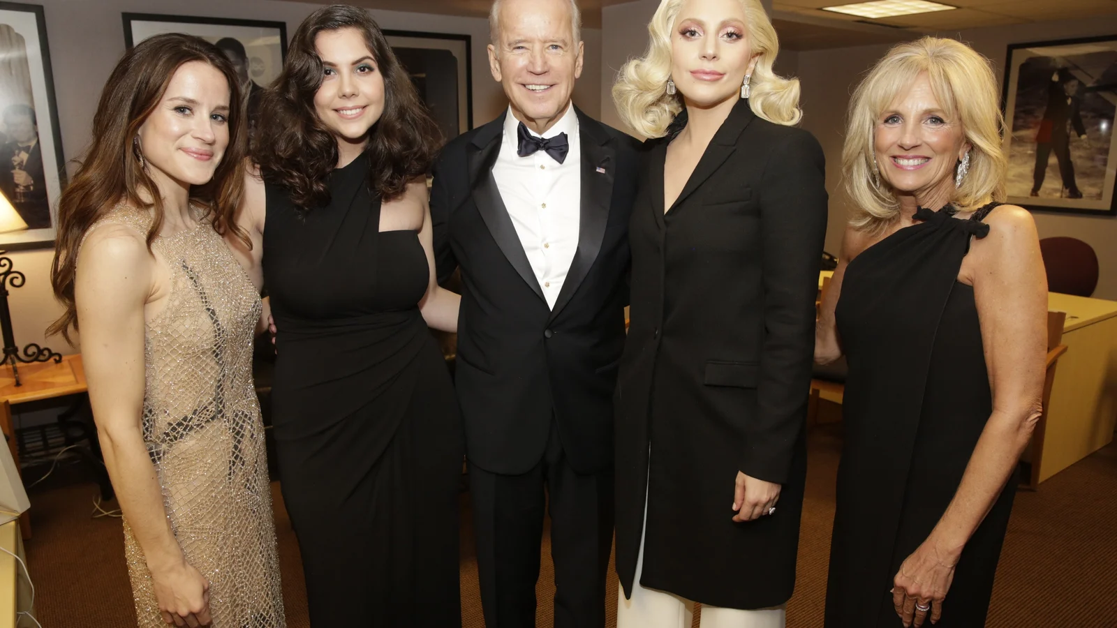 Lady Gaga with then U.S. Vice President Joe Biden and guests backstage at the 88th Academy Awards on February 28, 2016.