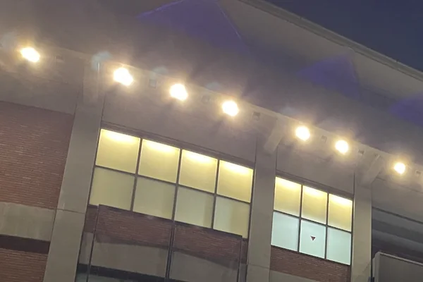 Architectural lights and facade of Meiji Jingu Stadium at night, cropped from a 2025 Nogizaka46 summer-tour archival photograph. Not from the 2026 finale.