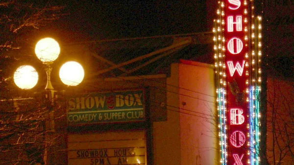 Marquee of the Showbox on First Avenue just south of Pike Street, Seattle, Washington, at night. See Peter Blecha, Showbox Theater (Seattle), HistoryLink, February 6, 2002 for a good article on this venue. This is colormapped lighter than t
