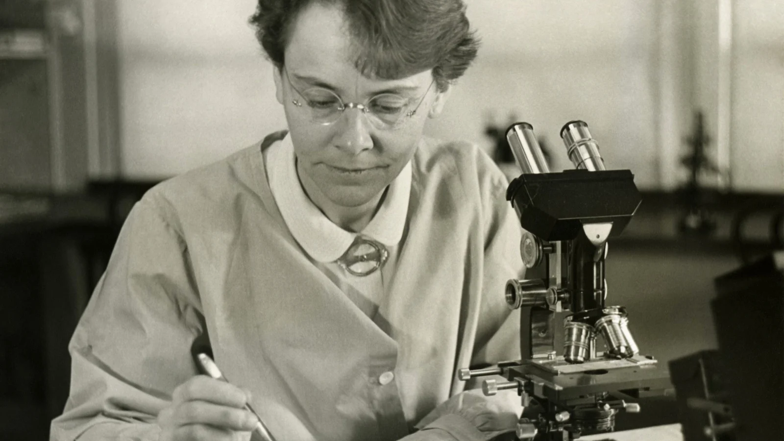Barbara McClintock (1902-1992), Department of Genetics, Carnegie Institution at Cold Spring Harbor, New York, shown in her laboratory. This photograph was distributed when McClintock received the American Association of University Women Ach