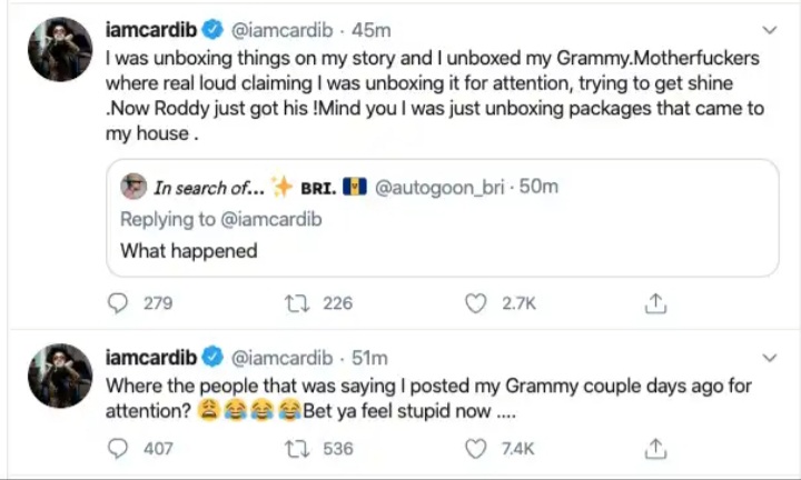 Cardi B Hits Back At Haters After Roddy Ricch Receives His Grammy 2