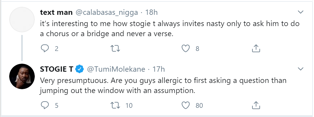 Stogie T Reacts To Accusations Of Only Inviting Nasty C To Do A Hook And Never A Verse 2