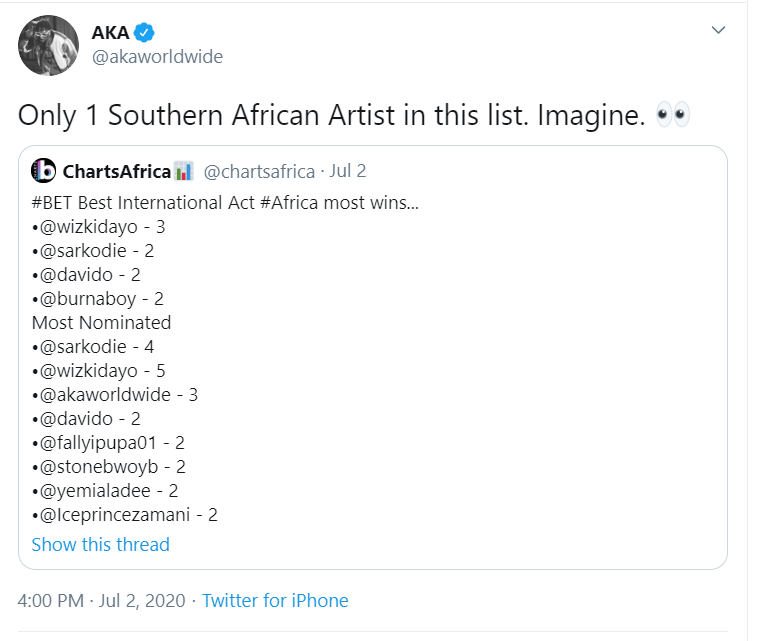 Aka Reacts To Nigerian Dominated Bet Awards List 2