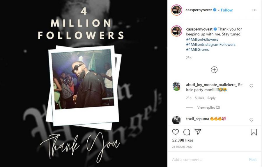 Cassper Nyovest Reaches 4 Million Instagram Followers, Now 1.2 Million Ahead Of Aka 2