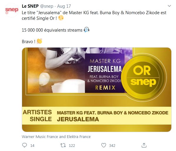 Master Kg'S Jerusalema Remix Featuring Burna Boy Certified Gold 2