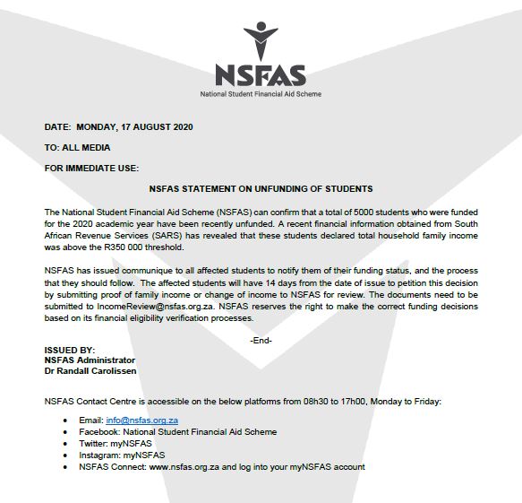Nsfas Stops Funding To 5,000 Students, Releases Statement 2