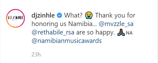 Dj Zinhle'S Umlilo Featuring Rethabile &Amp; Mvzzle Bags A Namibian Music Award 2