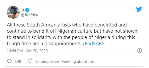 #Endsars: Jr Addresses Mzansi Celebs Who Are Yet To Support The Advocacy 2