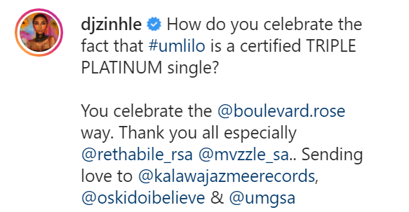 Dj Zinhle Celebrates Umlilo Going 3 Times Platinum 2