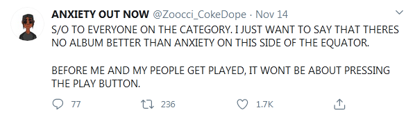 Sahha Nominations: Zoocci Coke Dope Hypes Anxiety Album 2