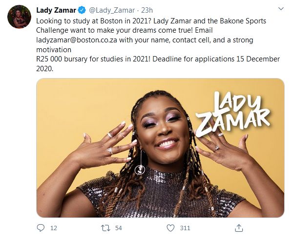Lady Zamar Giving Away R25K Bursary In 2021 - How To Apply 2