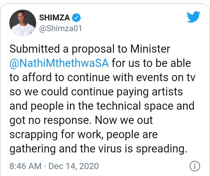 Dj Shimza Calls Out Nathi Mthethwa For Ignoring His Proposal On Covid-19 2