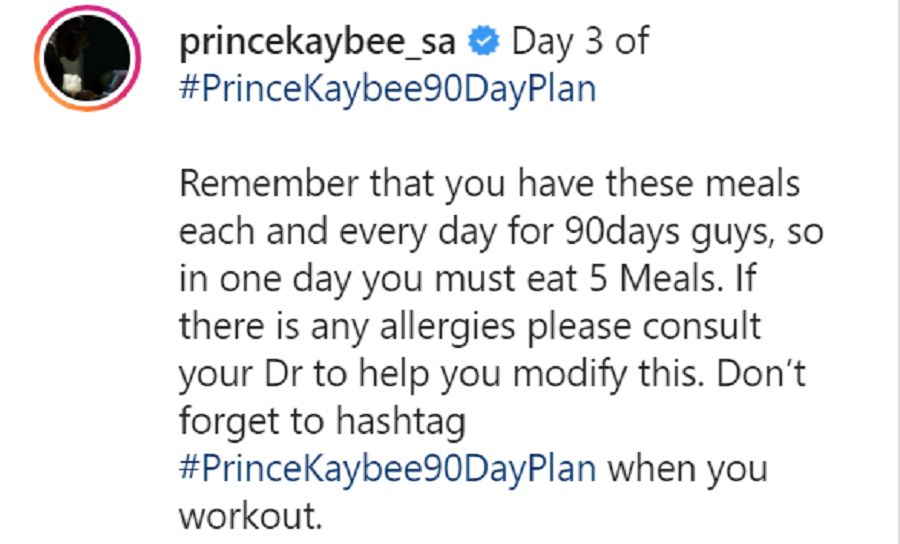 #Princekaybee90Dayplan: Prince Kaybee Shares Meal Plans For His 90 Days Fitness Plan 2