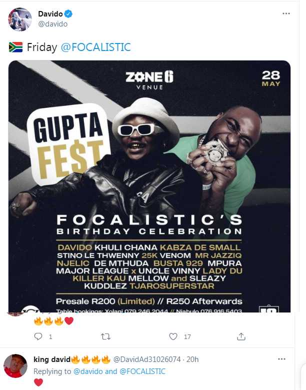 Gupta Fe$T: Davido Coming To Mzansi To Celebrate Focalistic At 25 2