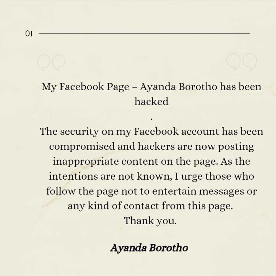 Ayanda Borotho Raises Alarm Over &Quot;Hacked&Quot; Facebook Account 2