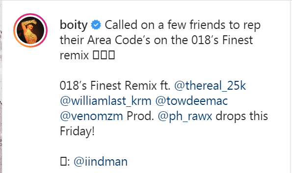 Boity Announces 018’S Finest (Remix) Release Date, Featuring 25K, William Last Krm, Towdeemac, Venom 2
