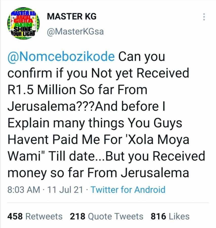 Nomcebo Claims Open Mic Productions &Amp; Master Kg Did Not Pay Her Jerusalema Royalties 3