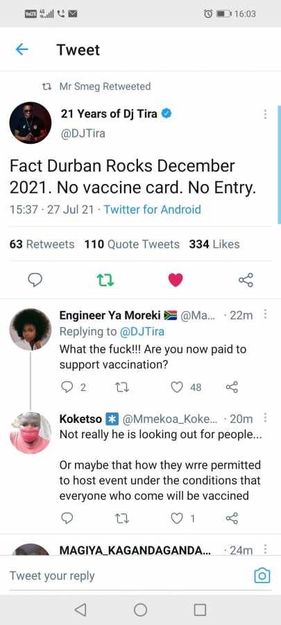 You Wont Enter Dj Tira'S Fact Durban Rocks Dec 2021 Without A Vaccine Card 2