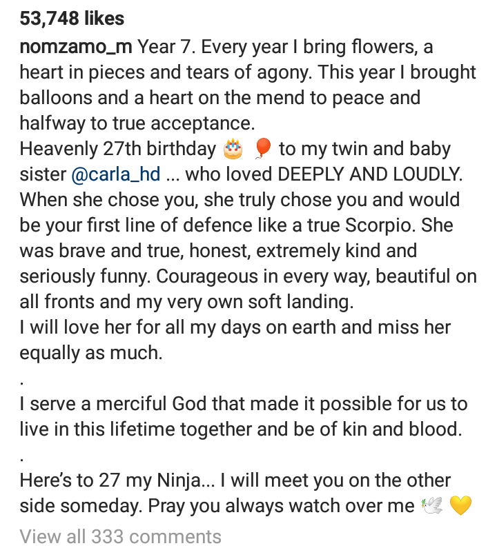 Nomzamo Mbatha'S Emotional Memorial For Late Sister 2