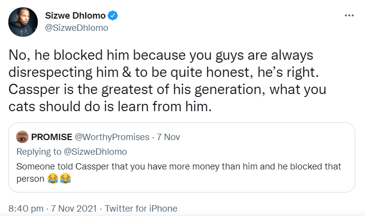 Sizwe Dhlomo Reacts To Claims He'S Richer Than Cassper Nyovest 2