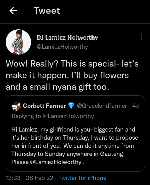 Lamiez Holworthy Helps Man Propose To Girlfriend Who Is A Fan (Video) 2