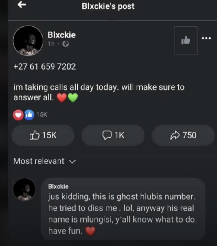 Blxckie Responds To Ghost Hlubi'S Diss By Sharing His Contact Details 2