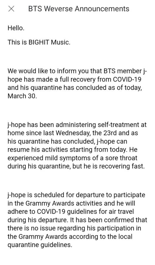 Bts: J-Hope Announces He'S Recovered From Covid-19, To Perform Alongside Bandmates At The Grammys In April 4