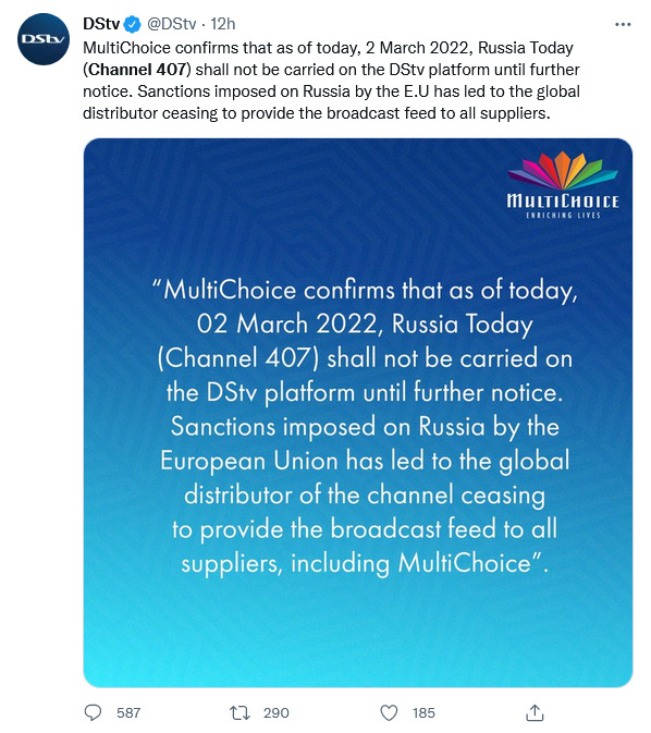 Multichoice Addresses Subscribers On The Disappearance Of Dstv Channel 407 (Russia Today) 2