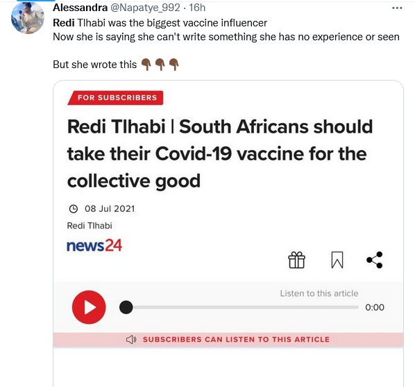 Covid-19: Redi Tlhabi Defends Stance On Vaccination 6