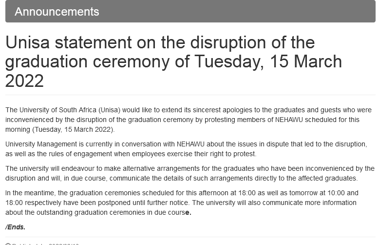 Unisa Issues Statement After Protesting Workers Union Interrupt Graduation Ceremony 2