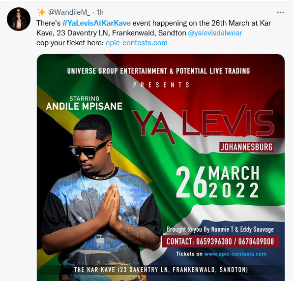 #Yalevisatkarkave: Congolese Singer Ya Levis Performing Alongside Andile Mpisane In Sandton This Weekend 4