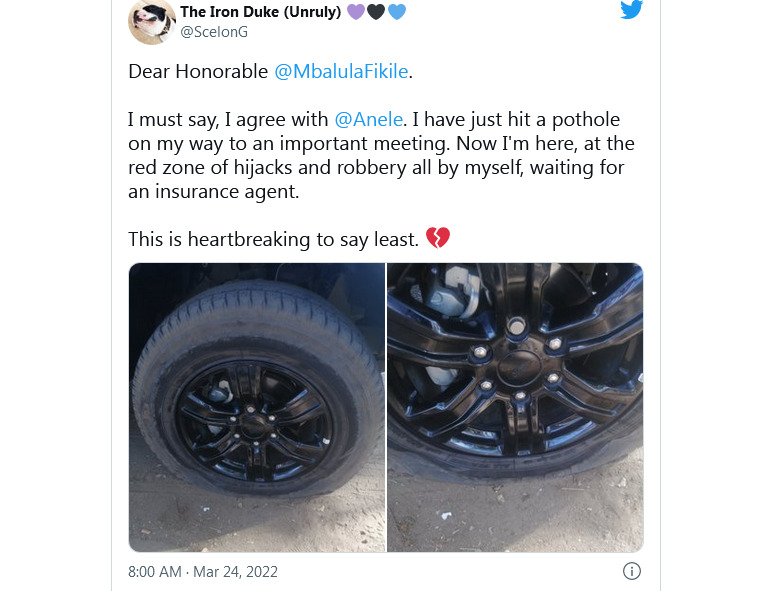 Anele Mdoda Cries Out To Fikile Mbalula As Potholes Destroy Her Tyres, Minister Roasted For Quick Response 5