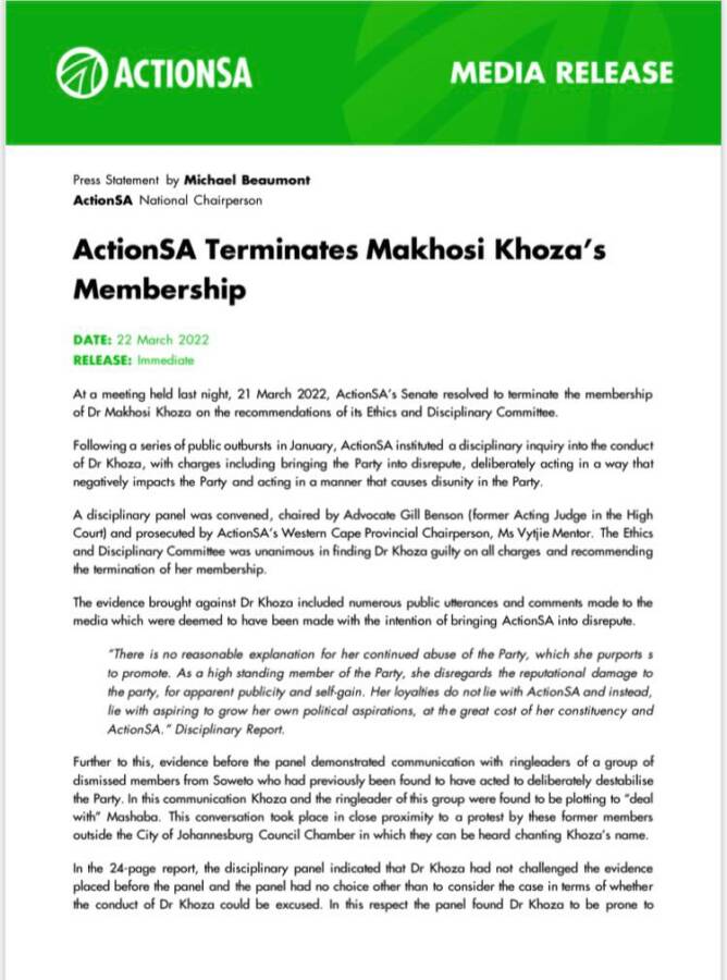 Makhosi Khoza Dismissed From Actionsa - See Statement 2