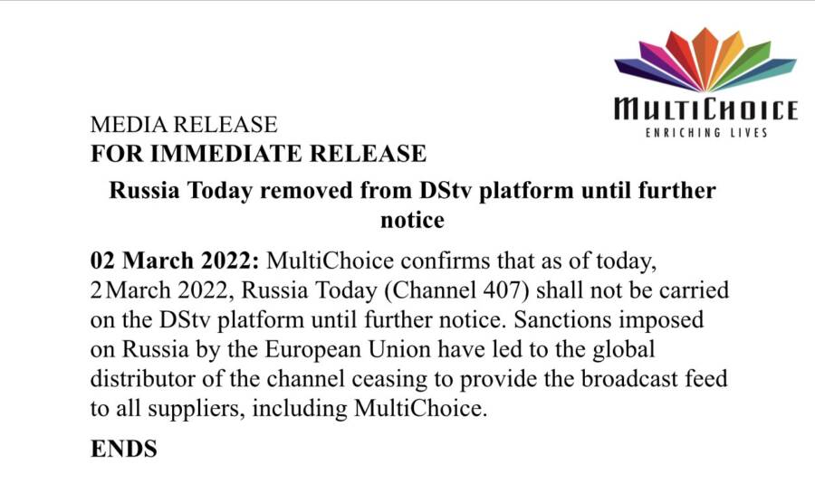 Multichoice Addresses Subscribers On The Disappearance Of Dstv Channel 407 (Russia Today) 5