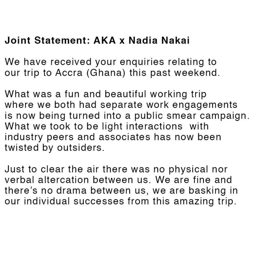 Smear Campaign: Aka &Amp; Nadia Nakai Rubbish Altercation &Amp; Breakup Rumors With Joint Statement 3