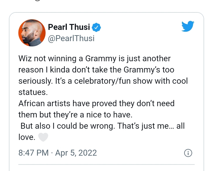Pearl Thusi Responds To Nigerian Afrobeats Star Wizkid Not Winning The Grammys 2