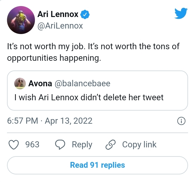 Ari Lennox Reveals Why She Deleted Her Response To Mr Smeg'S Tweet 4