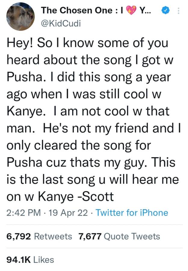 Kid Cudi Cutting Off Ties With Kanye West After Pusha T'S New Album 2