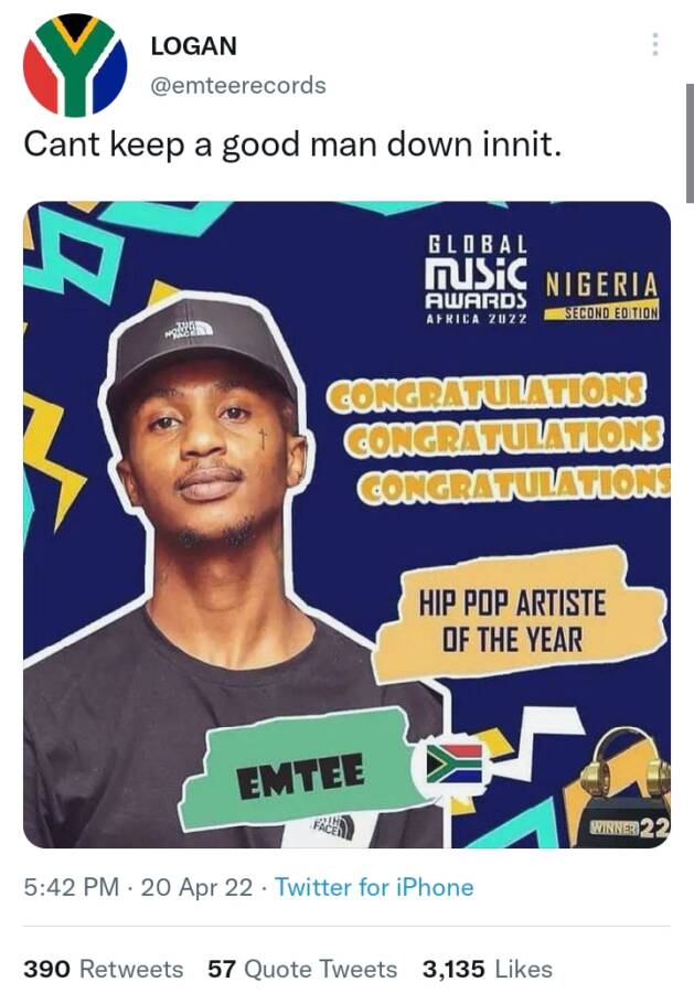 Emtee Wins Hip-Hop Artiste Of The Year At The &Quot;Global Music Awards Africa 2022&Quot; 2