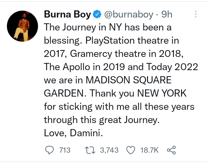 Watch Burna Boy Make History, Sell Out Madison Square Garden 2
