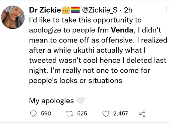 Zickie Apologises After Tweet About Miss Sa Shudu &Amp; Venda People 3