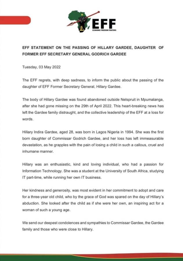 Eff Issues Statement As Hillary Gardee Is Found Dead 2