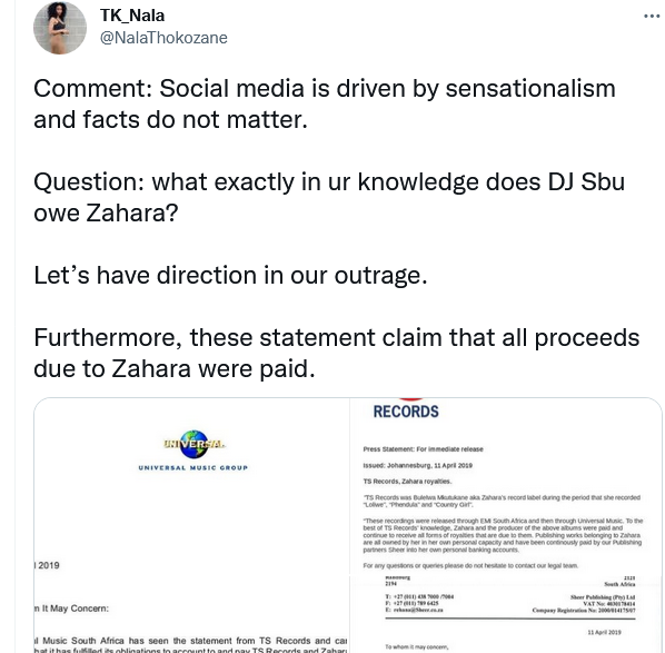 Ts Records / Dj Sbu Debacle: Tk Nciza Shares Documents Denying Zahara’s Claims Of Exploitation 4