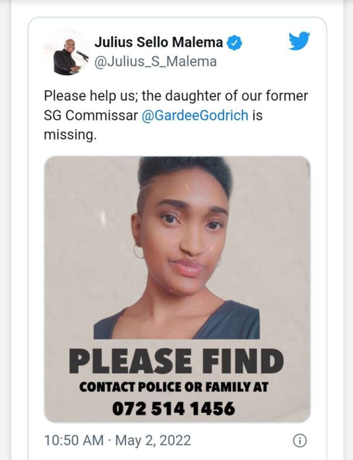 Malema, Others Appeal To The Public As Godrich Gardee'S Daughter Hillary Goes Missing 3