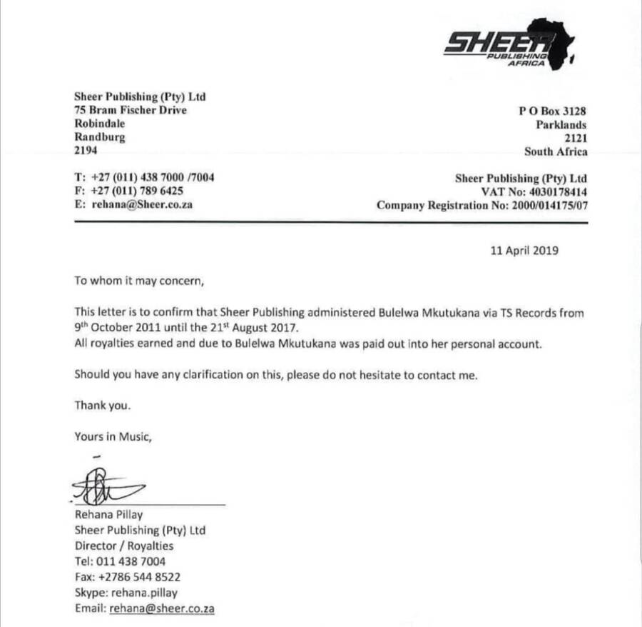 Ts Records / Dj Sbu Debacle: Tk Nciza Shares Documents Denying Zahara’s Claims Of Exploitation 5